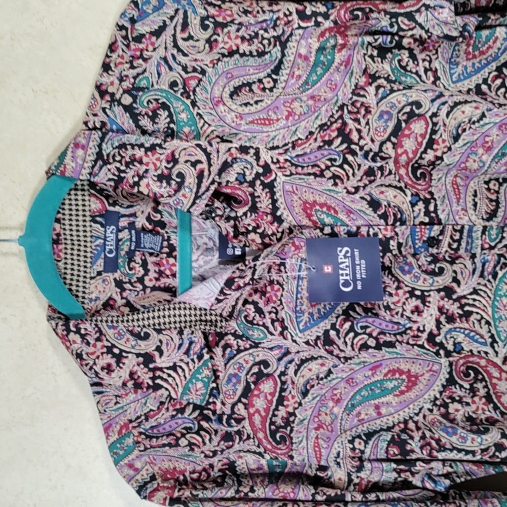 2/$10 04178 Chaps teal & purple paisley No Iron button up shirt XL NWT - Picture 2 of 13
